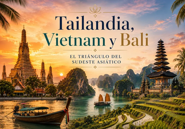 Descubre el Triángulo del Sudeste Asiático: templos dorados en Tailandia, bahías míticas en Vietnam y espiritualidad en Bali. ¡Cotiza ahora!