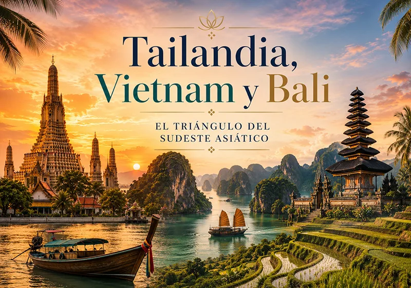 Descubre el Triángulo del Sudeste Asiático: templos dorados en Tailandia, bahías míticas en Vietnam y espiritualidad en Bali. ¡Cotiza ahora!