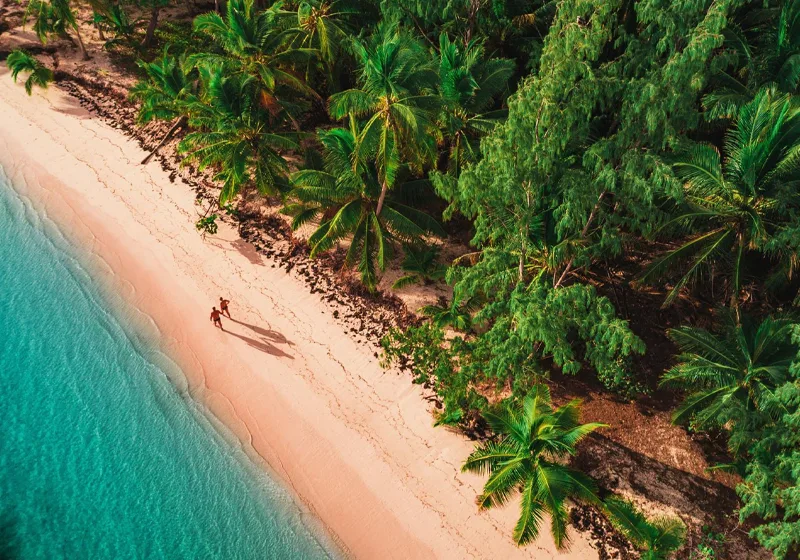 Una vista aérea cenital muestra a una pareja caminando de la mano por la orilla de una playa paradisíaca en Punta Cana, República Dominicana.