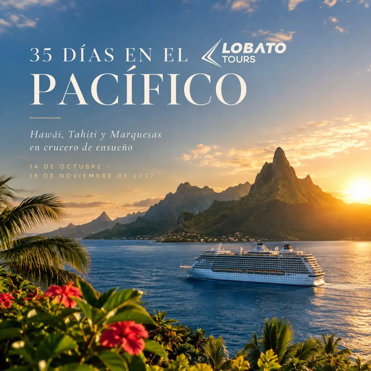 Vista panorámica del barco Zaandam de Holland America Line navegando por el océano Pacífico en un itinerario de 35 días que conecta San Diego con Hawái, Tahiti y las Islas Marquesas.